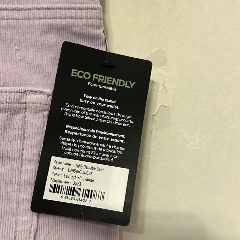 Silver Jeans Co lavender corduroy high rise eco friendly shorts Size 29 New